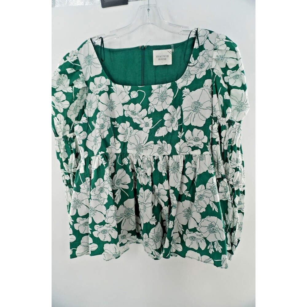 Tuckernuck Women's Sz L Hyancinth Houes Clemons Green Floral Puff Sleeve Blouse - Picture 7 of 10